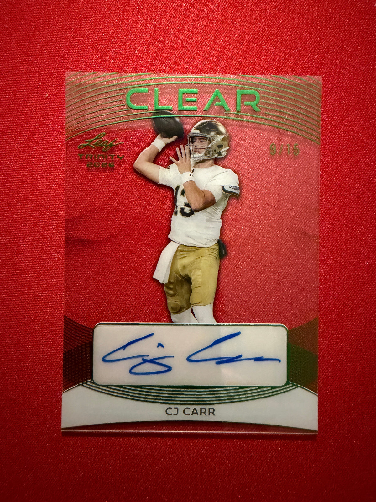CJ Carr 2026 Leaf Trinity Football Clear Green Auto /15