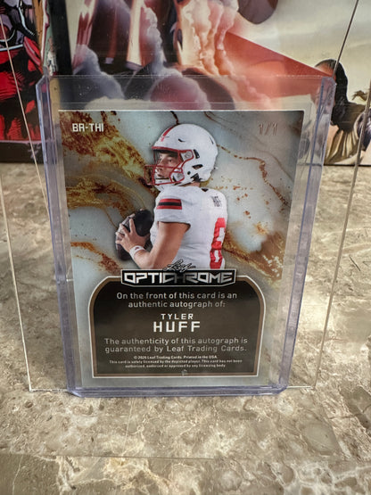 Tyler Huff 2026 Leaf Optichrome Football Smiley Have a Nice Day Gold Super Prismatic 1/1 Autograph