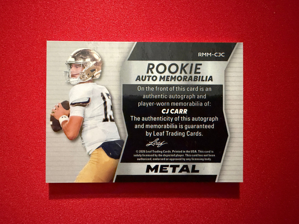 CJ Carr 2026 Leaf Trinity Rookie Auto Mem Metal Super Gold Rubber Patch 1/1