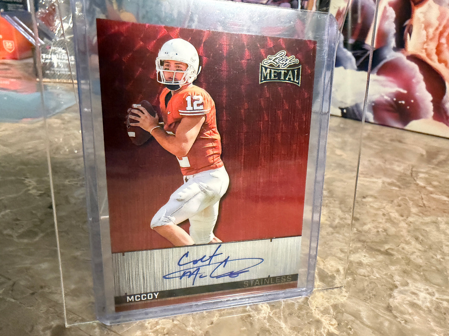 2026 Leaf Metal Football Colt McCoy Stainless Auto Red Flood Super Prismatic 1/1
