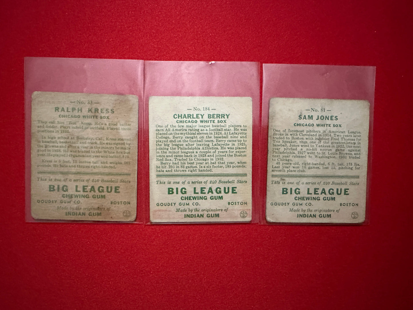 Ralph Kress/Charley Berry/Sam Jones (1933 Goudey) - Chicago White Sox