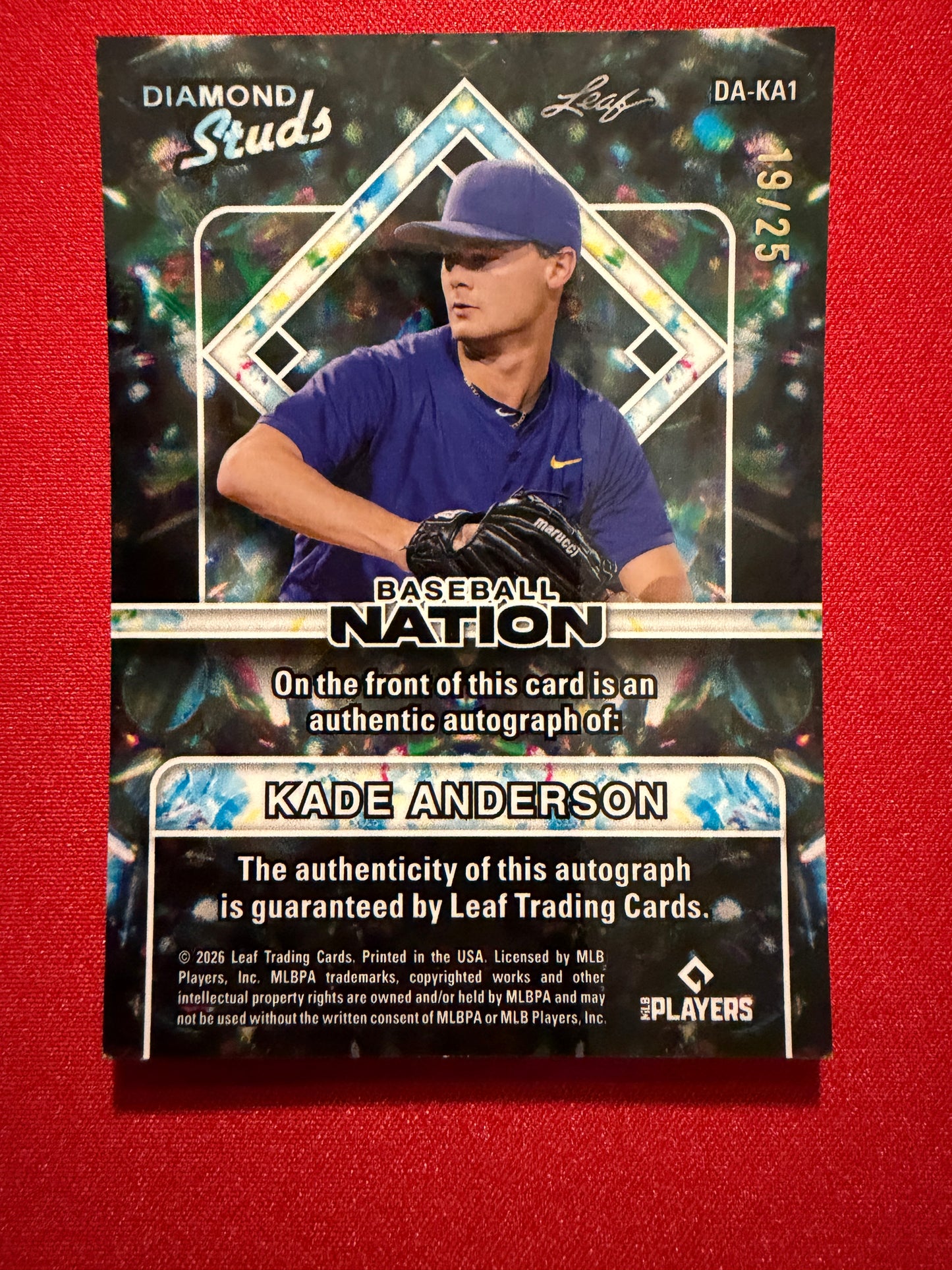 2026 Leaf Baseball Nation Kade Anderson Diamond Studs Prismatic Auto 19/25
