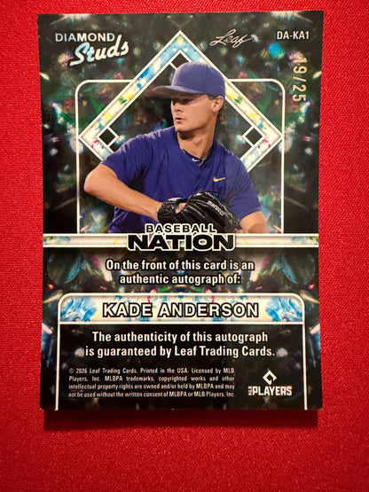 2026 Leaf Baseball Nation Kade Anderson Diamond Studs Prismatic Auto 19/25