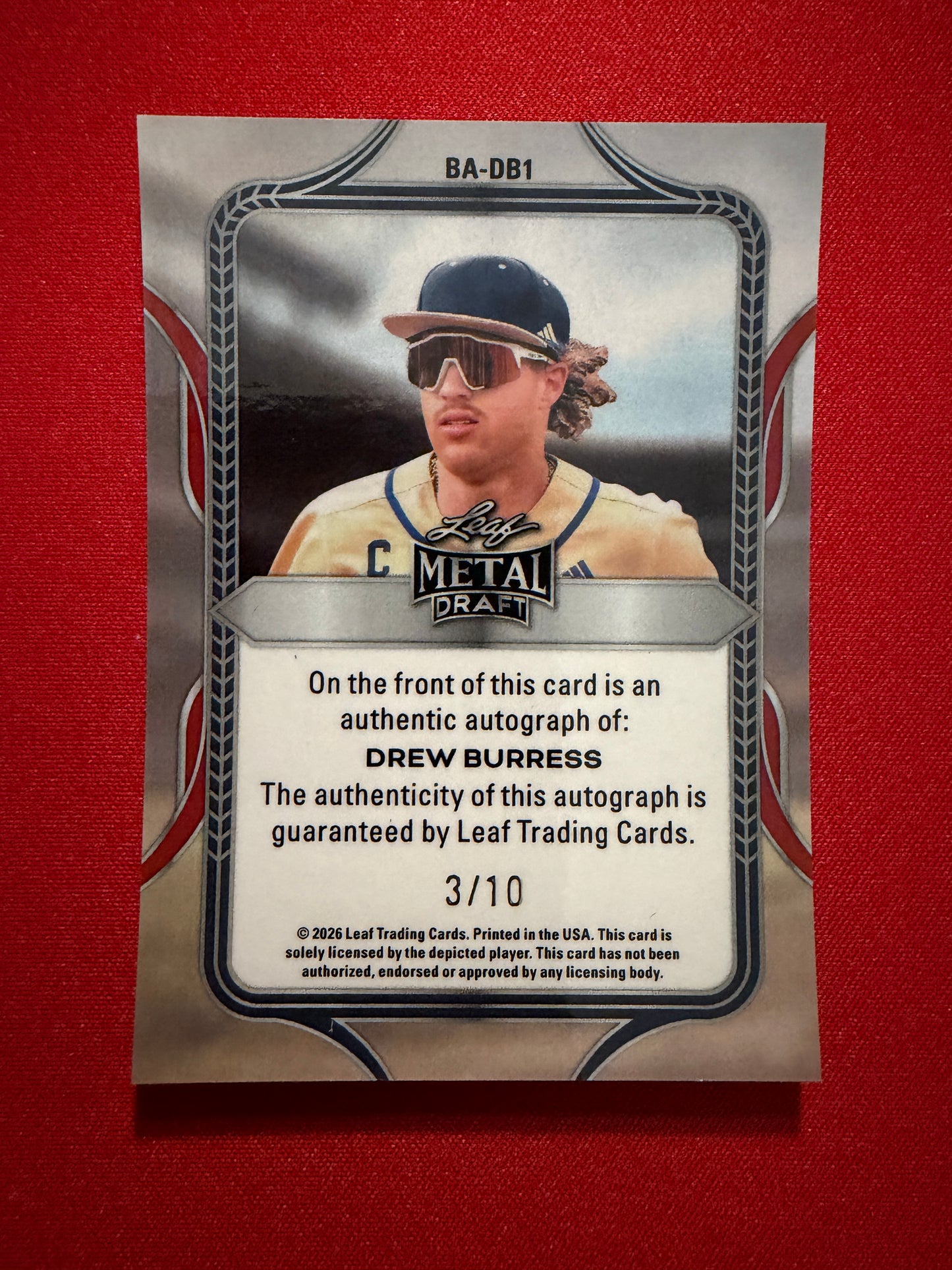 Drew Burress 2026 Leaf Metal Draft Edition Baseball Base Auto Platinum /10