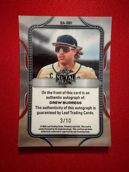 Drew Burress 2026 Leaf Metal Draft Edition Baseball Base Auto Platinum /10