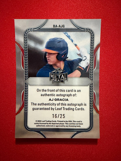 AJ Gracia 2026 Leaf Metal Draft Edition Baseball Base Auto Purple /25