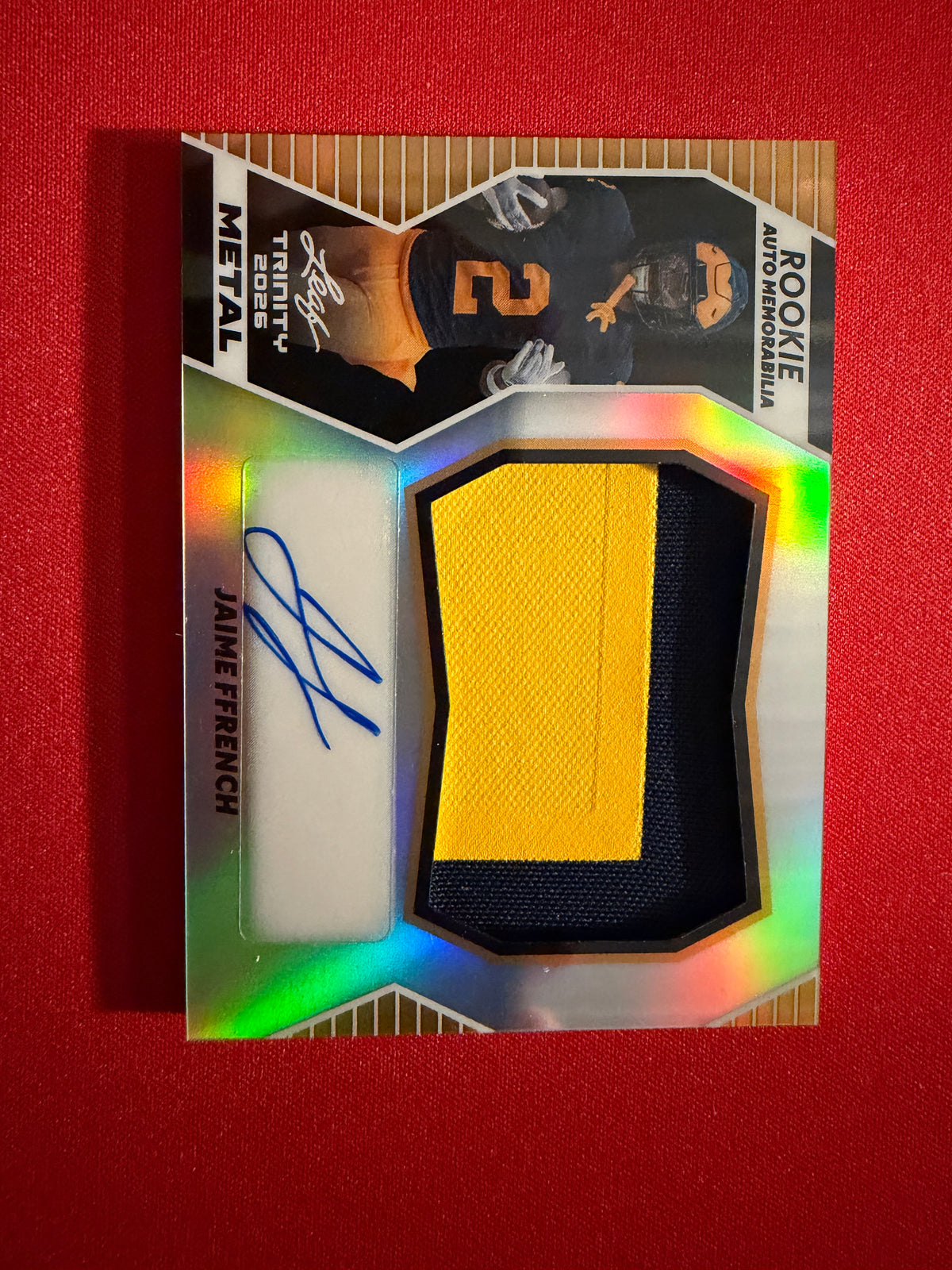 Jamie Ffrench 2026 Leaf Trinity Football Rookie Auto Mem Metal Gold True 1/1