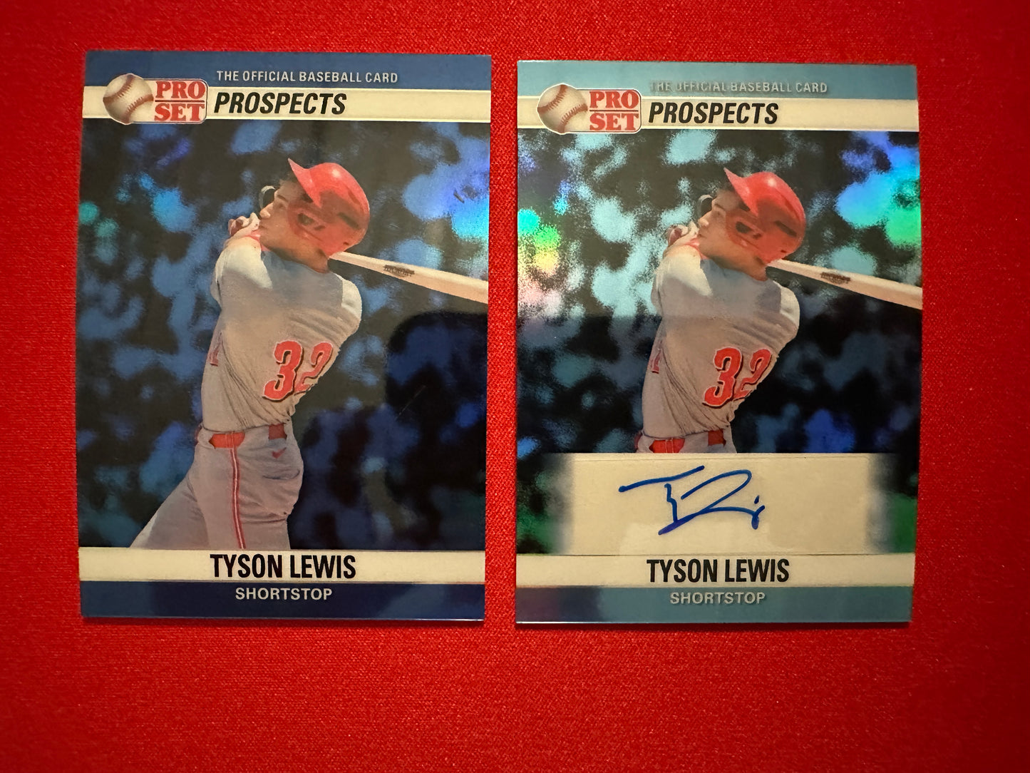 2026 Leaf Pro Set Baseball Tyson Lewis 1990 Prismatic Insert Lot - Blue /5 & Platinum Auto /10