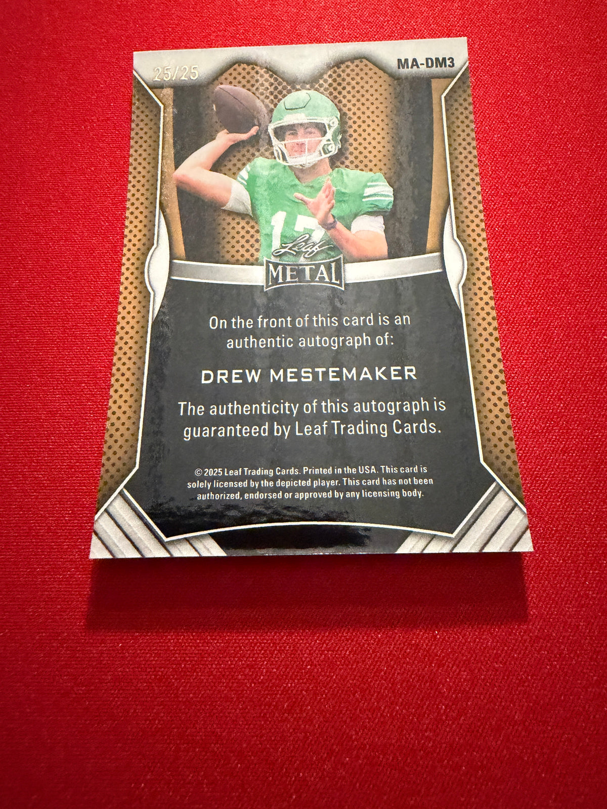 Drew Mestemaker 2026 Leaf Trinity Football Metal Auto On-Card Red 25/25 Bookend