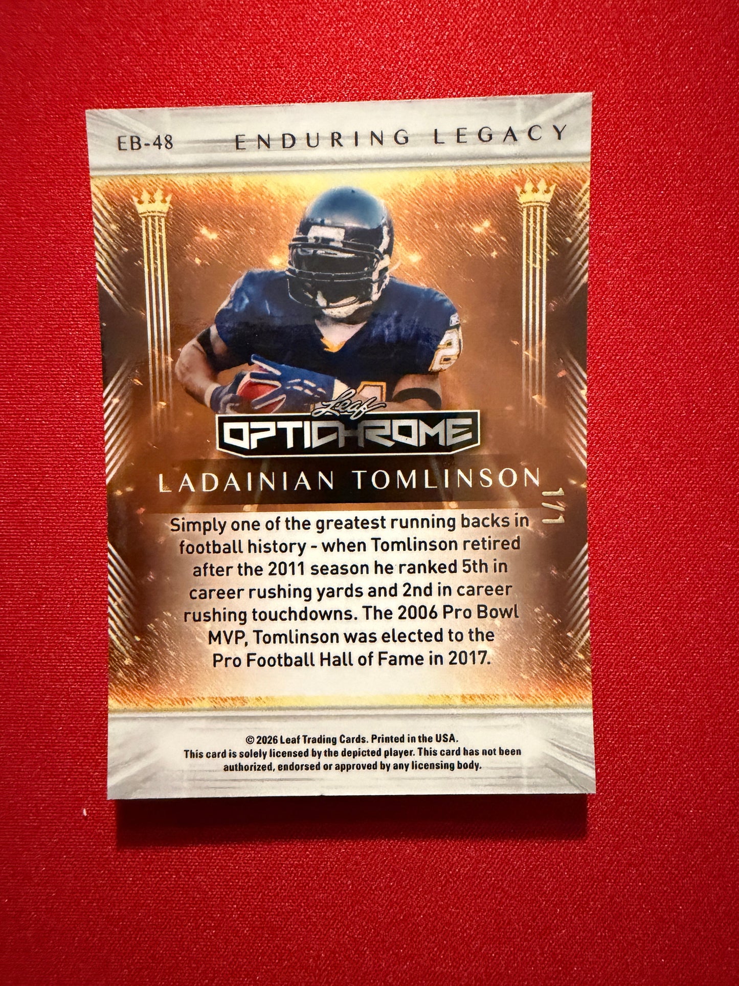 2026 Leaf Optichrome Football Ladainian Tomlinson Enduring Legacy Gold 1/1