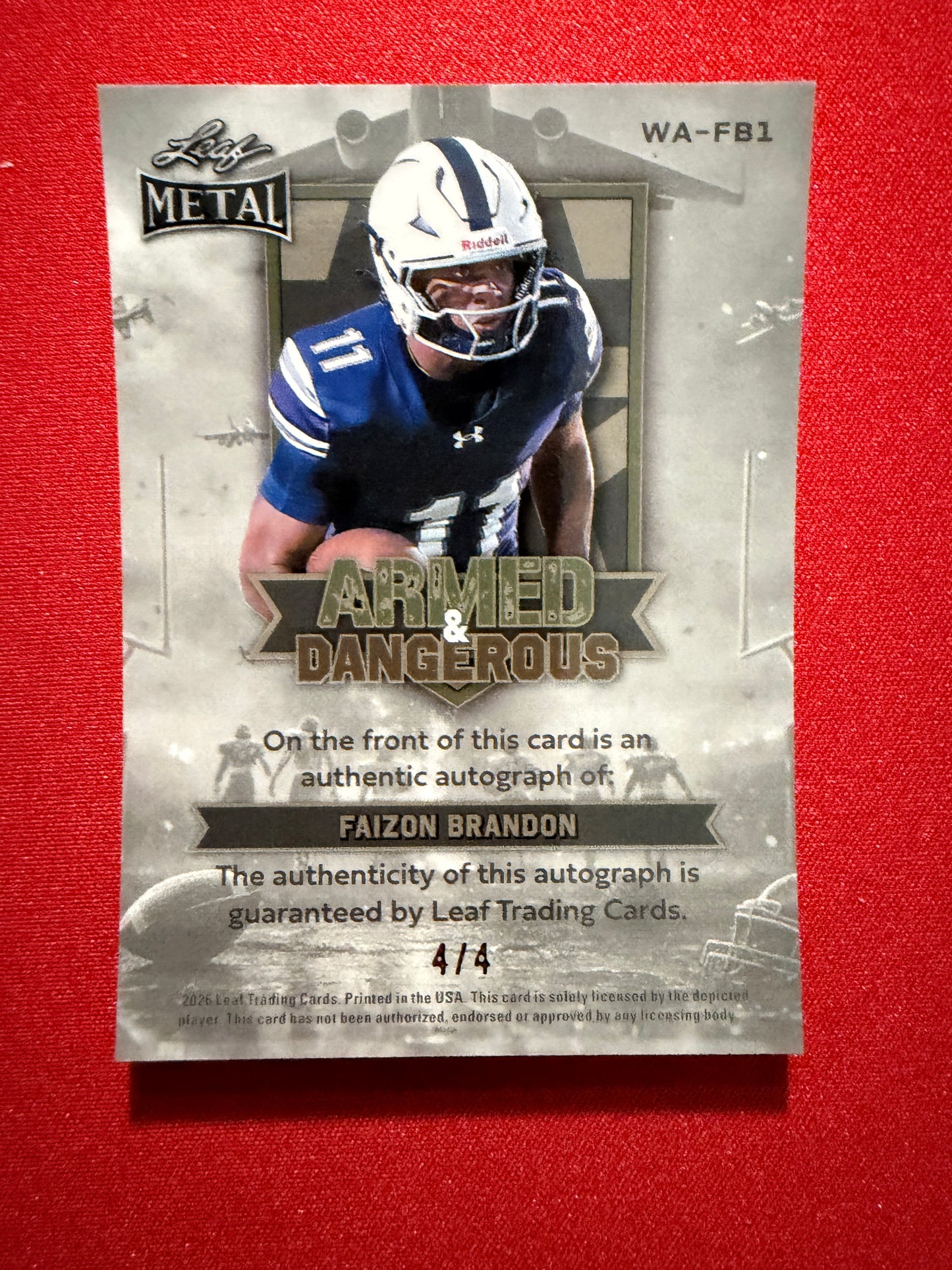 2026 Leaf Metal Football Faizon Brandon Auto Armed & Dangerous Red Shimmer 4/4