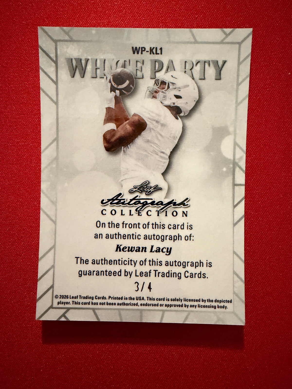 Kewan Lacy 2026 Leaf Autograph Collection Football White Party Shimmer /4