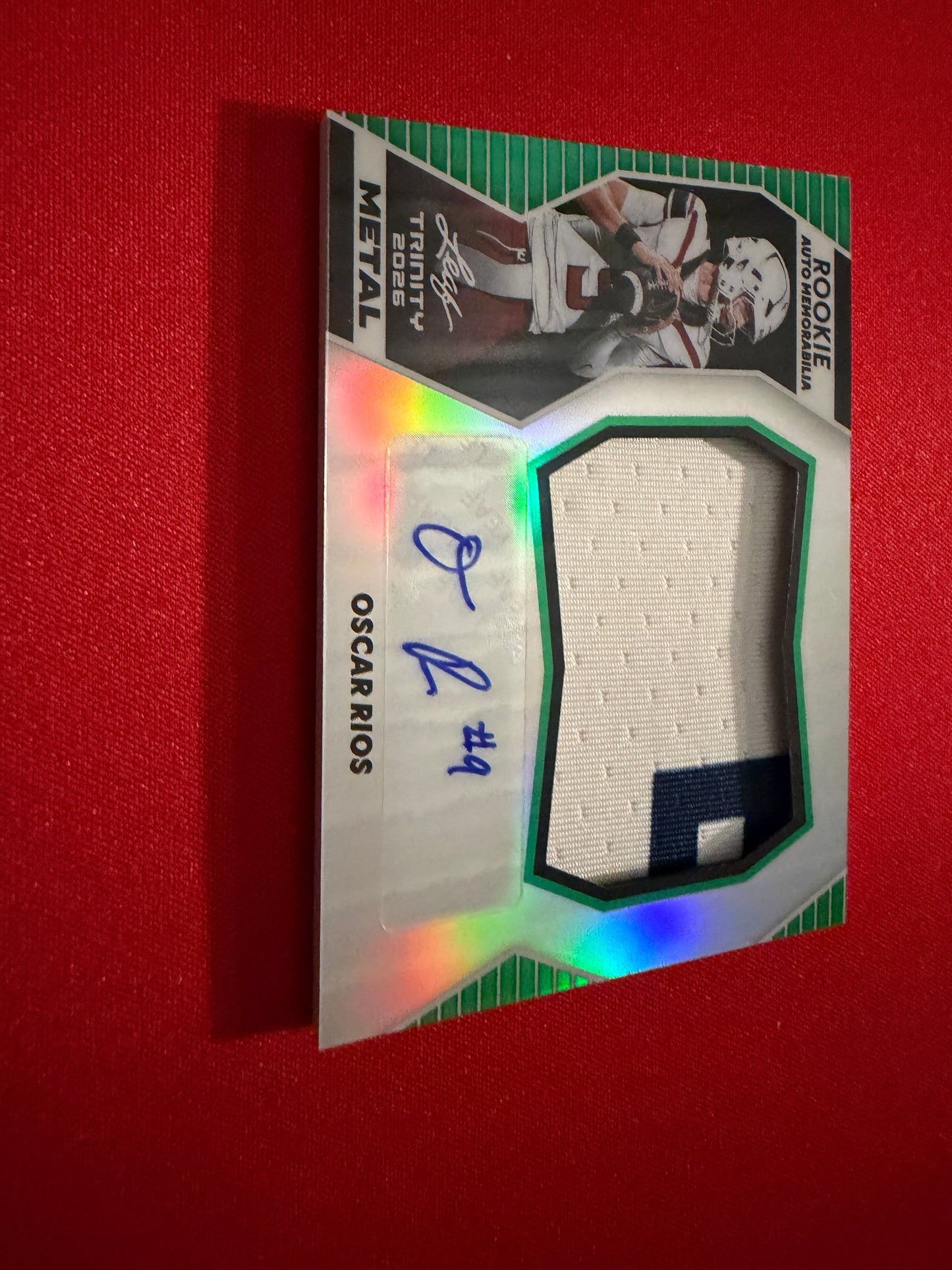 Oscar Rios 2026 Leaf Trinity Football Rookie Auto Memo Metal Multicolor Patch /5