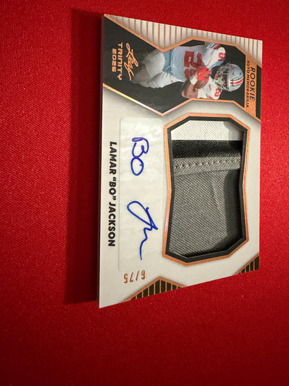 Lamar "Bo" Jackson 2026 Leaf Trinity Rookie Auto Memo Multicolor Patch /75