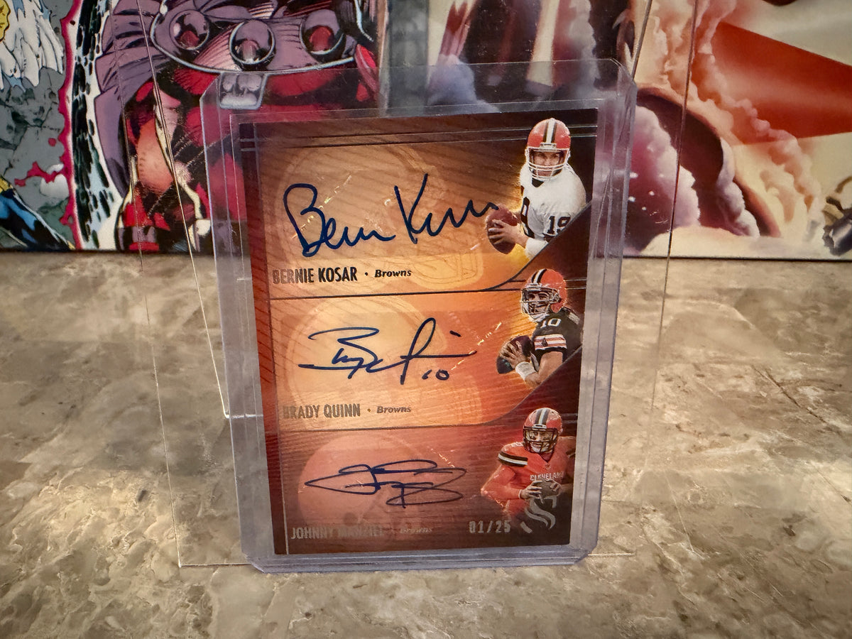 Bernie Kosar Brady Quinn Manziel 2025 Panini Silhouette Triple Autographs 1/25 Bookend
