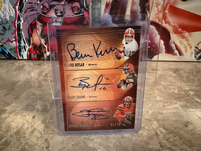 Bernie Kosar Brady Quinn Manziel 2025 Panini Silhouette Triple Autographs 1/25 Bookend
