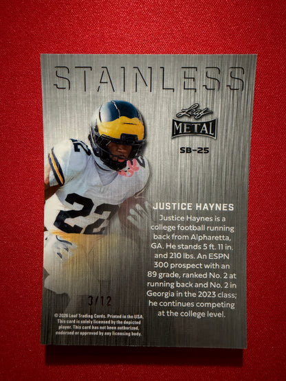 Justice Haynes 2026 Leaf Metal Football Stainless Silver Crystal /12