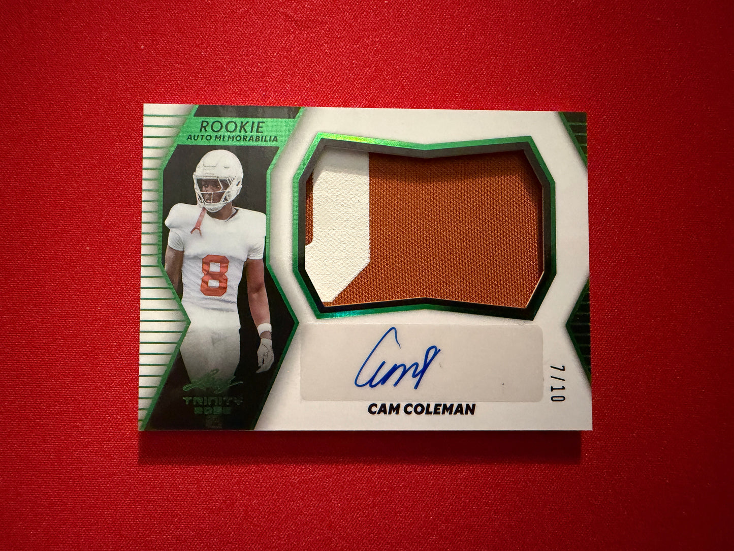 Cam Coleman 2026 Leaf Trinity Rookie Auto Memorabilia Multicolor Patch /10