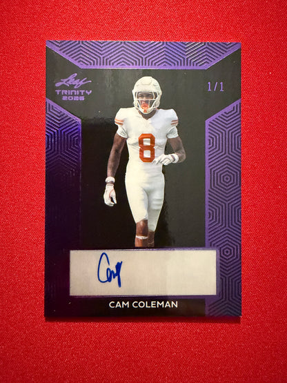 Cam Coleman 2026 Leaf Trinity Football Base Auto Purple Black 1/1