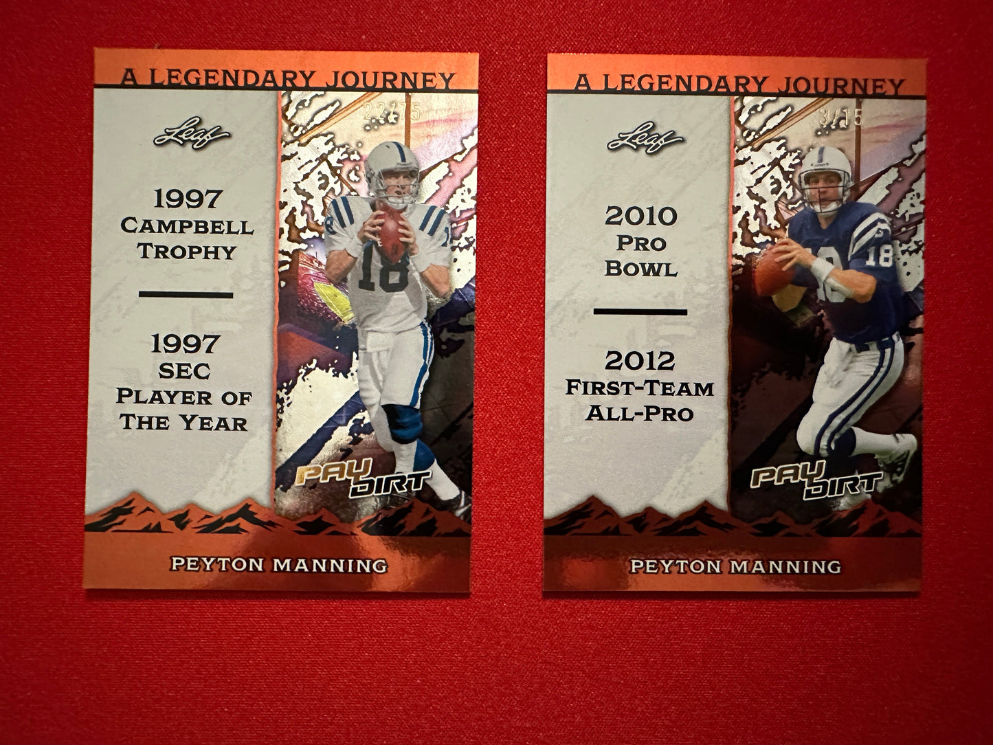 Peyton Manning 2026 Leaf Paydirt Football A Legendary Journey Orange Parallel Two-Card Lot