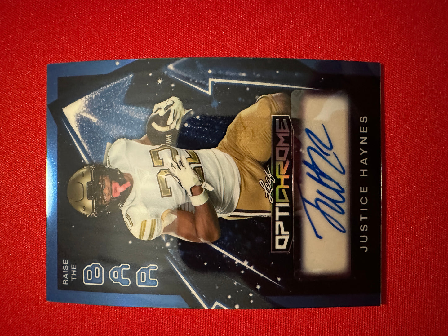 Justice Haynes 2026 Leaf Optichrome Football Raise the Bar Blue Prismatic Autograph /5