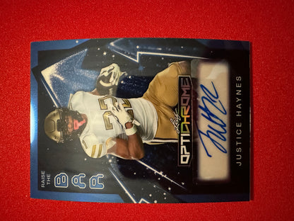 Justice Haynes 2026 Leaf Optichrome Football Raise the Bar Blue Prismatic Autograph /5