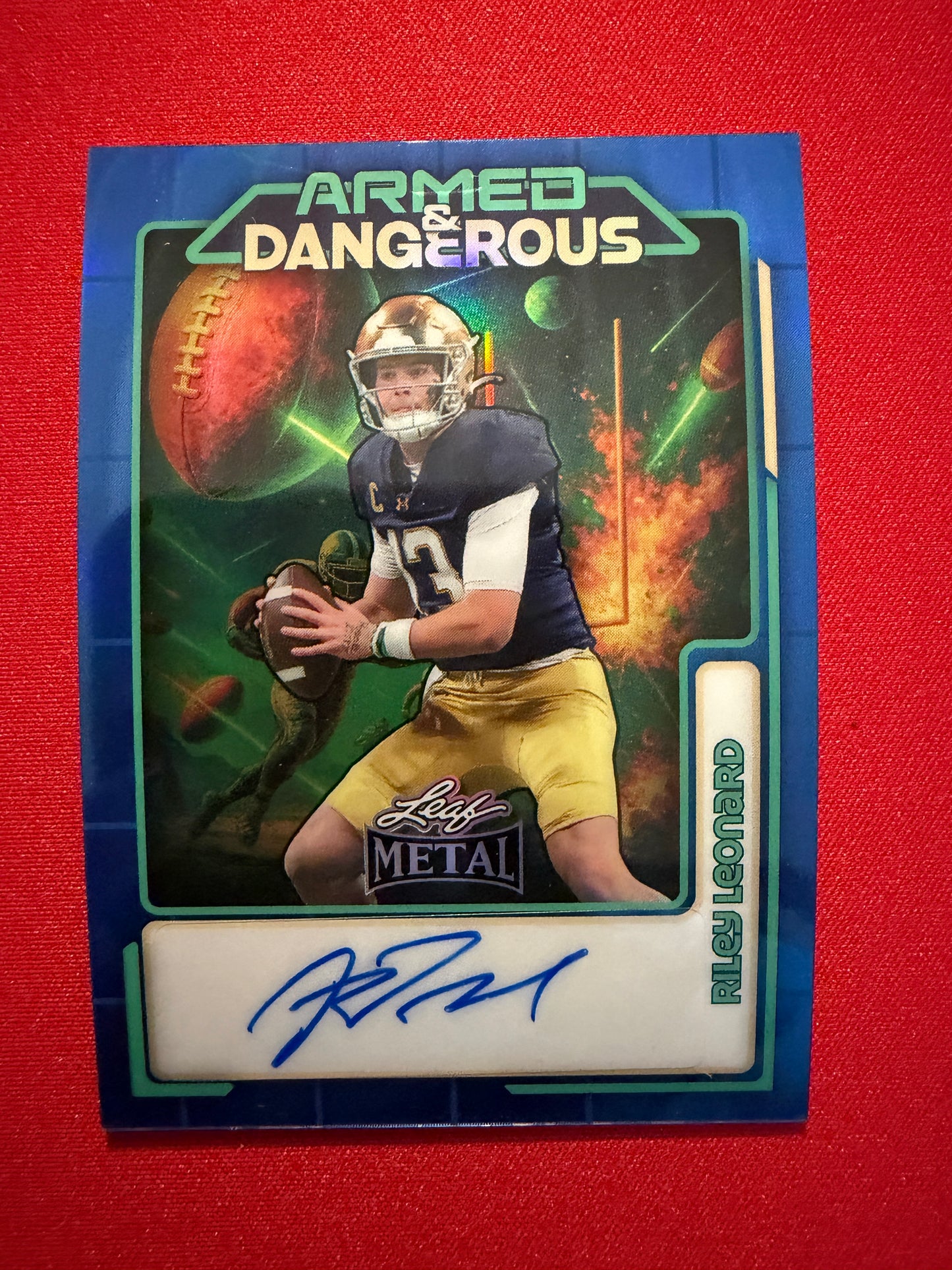 2026 Leaf Metal Football Riley Leonard Armed & Dangerous Auto Blue 1/5