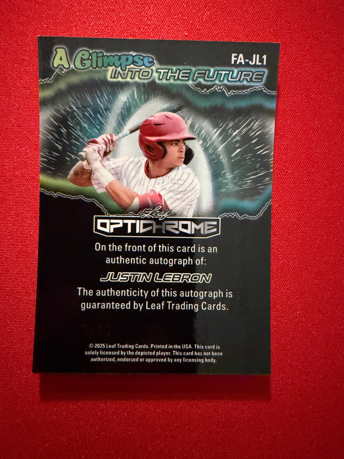 Justin Lebron 2025 Leaf Optichrome Baseball Glimpse Into Future Auto Silver /10