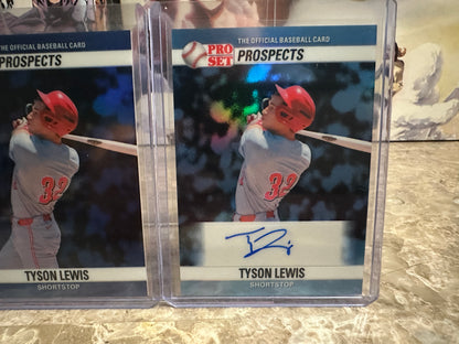 2026 Leaf Pro Set Baseball Tyson Lewis 1990 Prismatic Insert Lot - Blue /5 & Platinum Auto /10