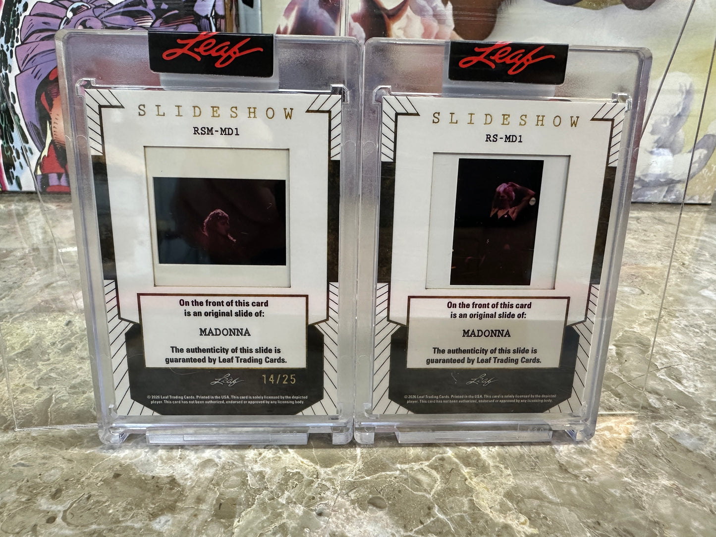 2026 Leaf Slideshow MADONNA Metal /25 & Sexy Celebrity Base 2-Slide Lot PROMO