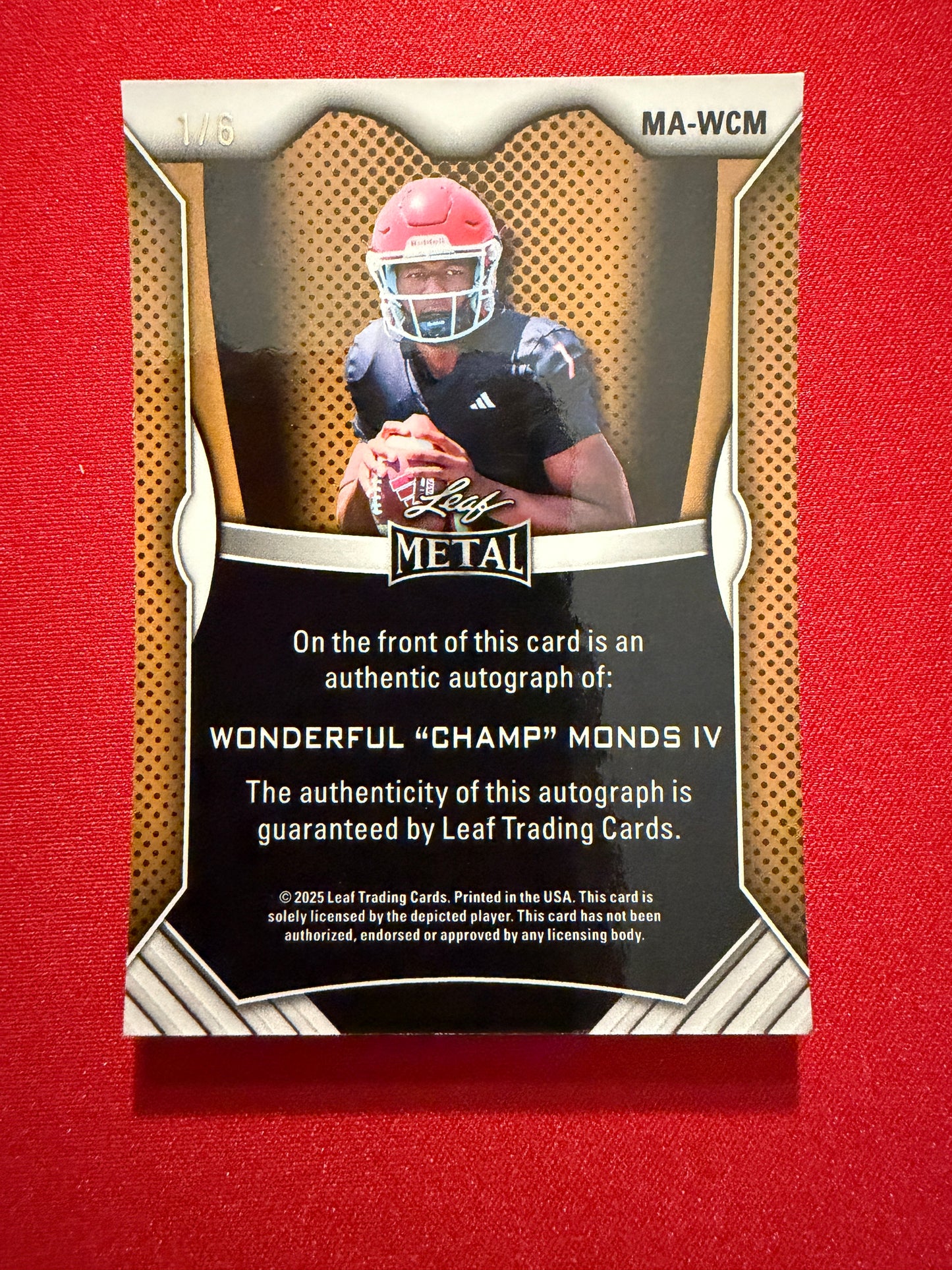 Wonderful “Champ” Monds 2026 Leaf Trinity Football Metal On-Card Blue 1/6 Bookend