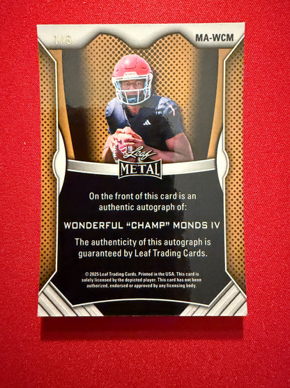 Wonderful “Champ” Monds 2026 Leaf Trinity Football Metal On-Card Blue 1/6 Bookend