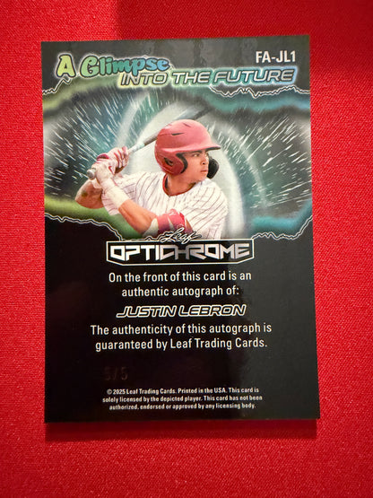 Justin Lebron 2025 Leaf Optichrome Baseball Glimpse Into Future Auto Purple /5