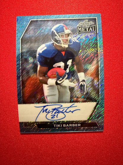 2026 Leaf Metal Football Base Platinum Blue Shimmer On-Card Autograph Tiki Barber 5/5