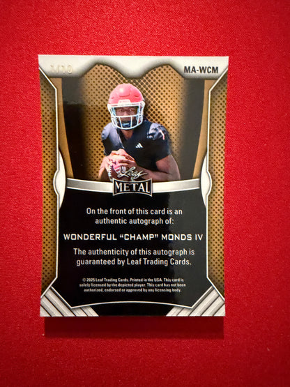 Wonderful “Champ” Monds 2026 Leaf Trinity Football Metal On-Card 1/10 Bookend