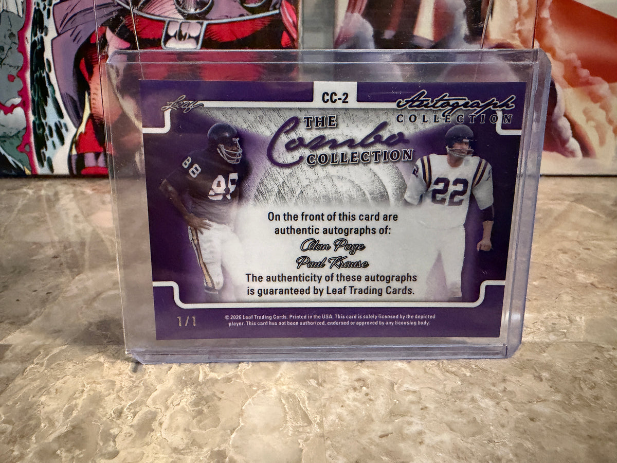 Paul Krause Alan Page 2026 Leaf Autograph Collection Combo Dual Cracked Ice 1/1