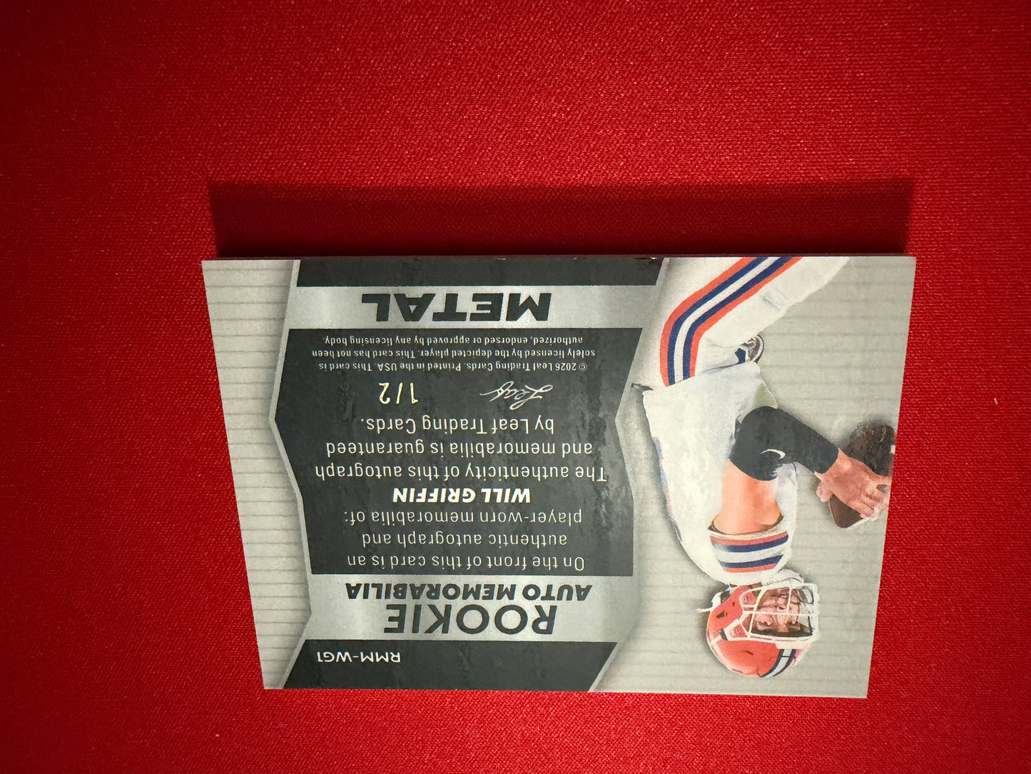 Will Griffin 2026 Leaf Trinity Football Rookie Auto Memo Metal Auto Number Patch Red 1/2