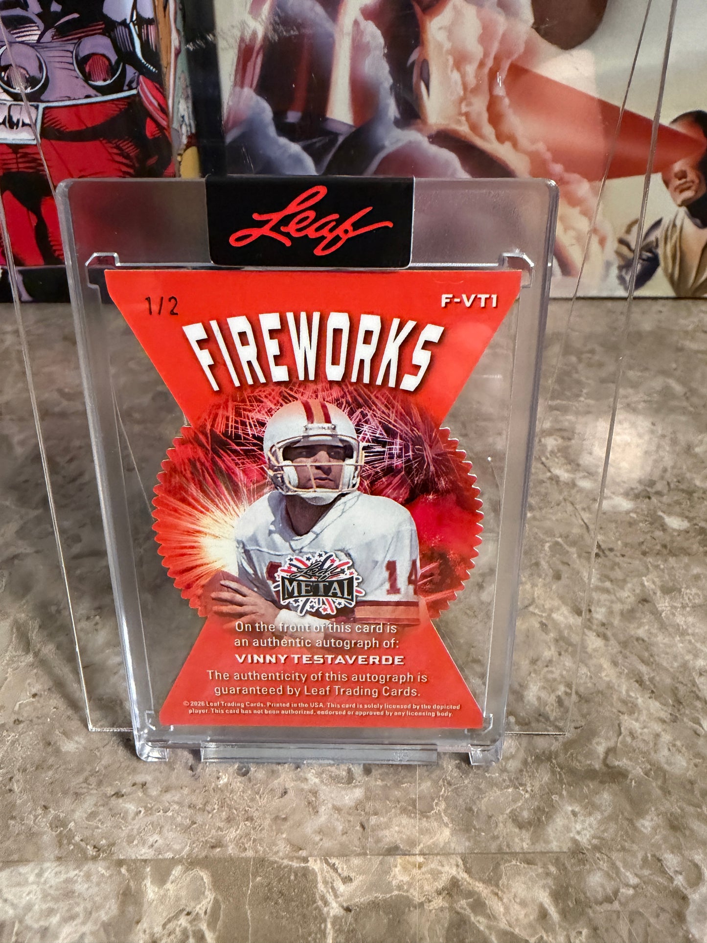 2026 Leaf Metal Independence Day Fireworks Red Prismatic Vinny Testaverde Auto 1/2