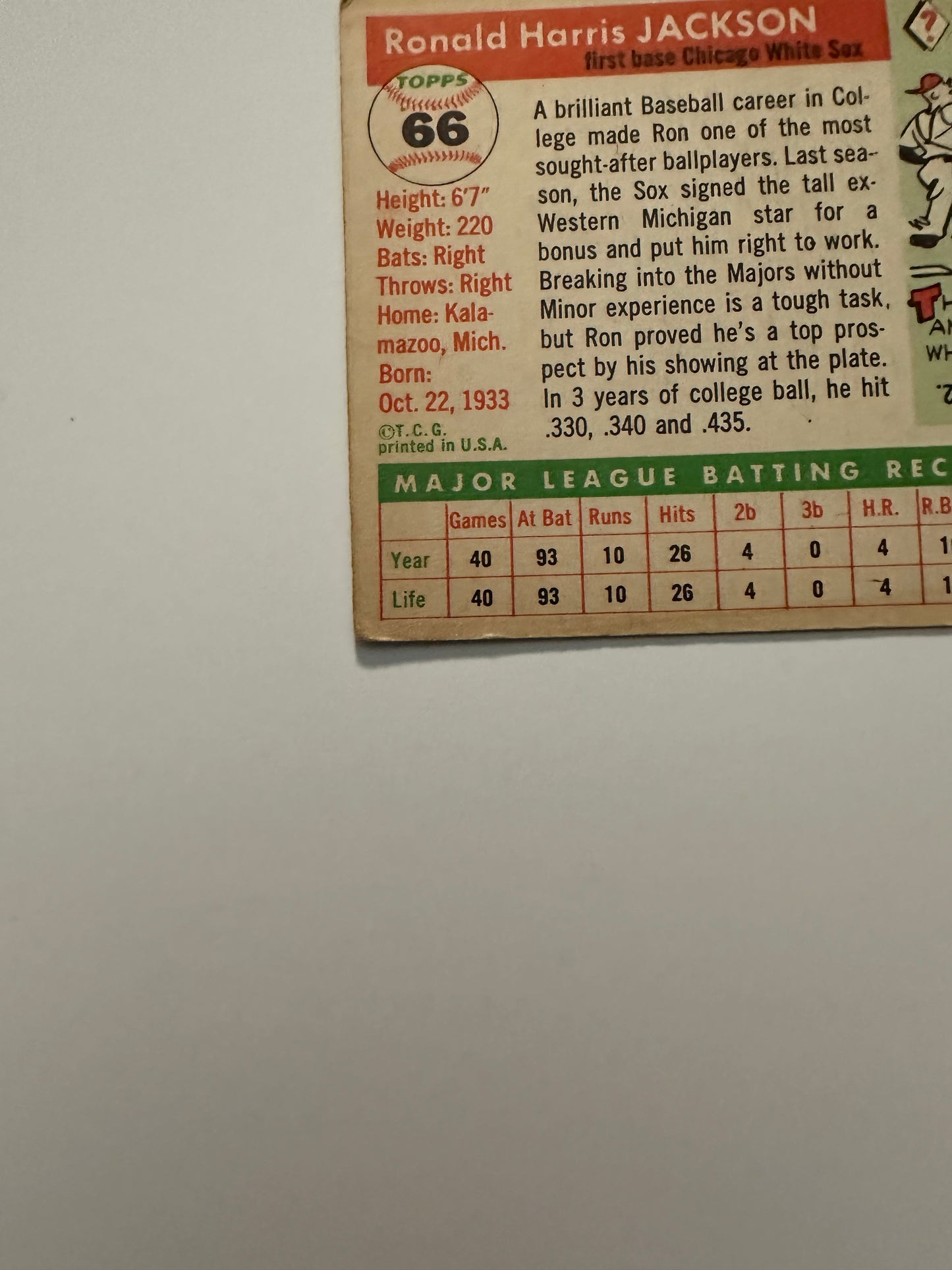 1955 Topps RON JACKSON #66 Rookie Card RC - Chicago White Sox - Vintage