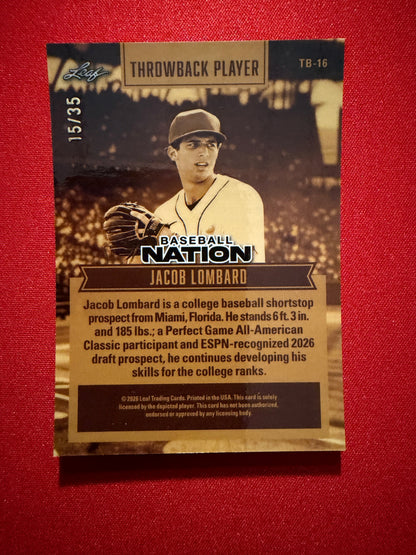 Jacob Lombard 2026 Leaf Baseball Nation 2-Card Lot Next 100 Throwback Player