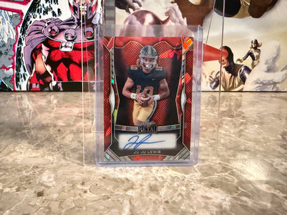 Juju Lewis 2026 Leaf Trinity Football Metal Auto Orange Crystal /40