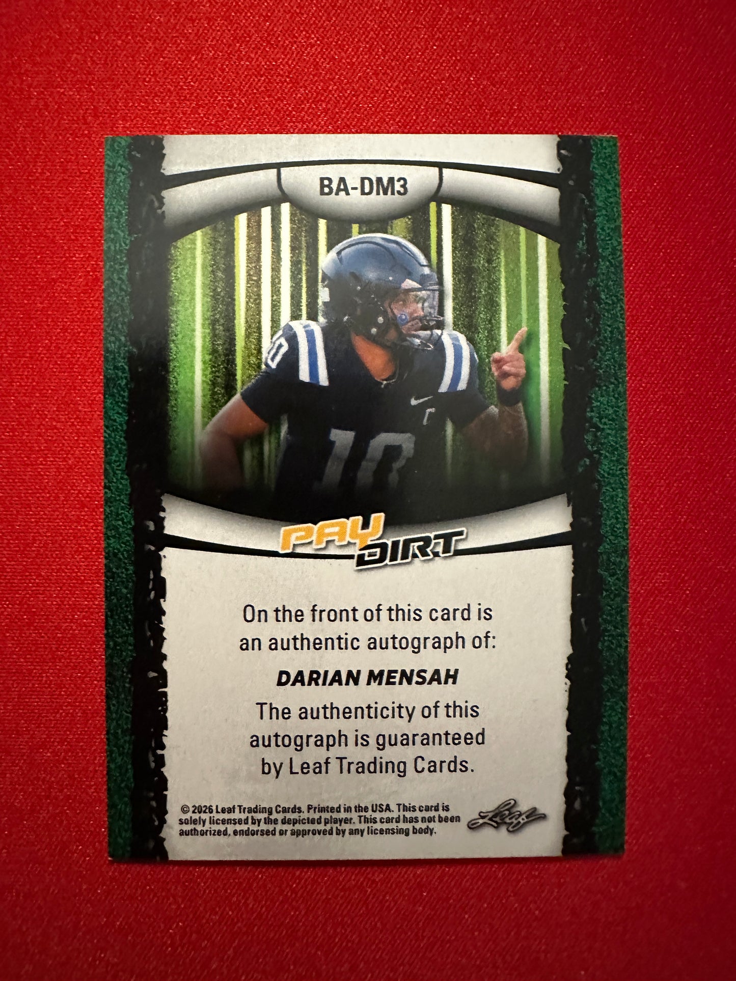 Darian Mensah 2026 Leaf Paydirt Football Base Purple Autograph 1/4
