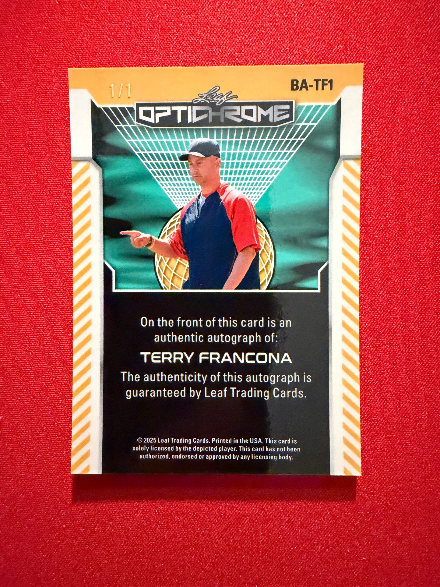 Terry Francona 2025 Leaf Optichrome Baseball Base Auto Gold Lava 1/1