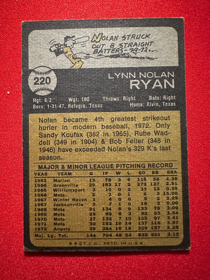 1973 Topps #220 Nolan Ryan - Sharp Centering - HOF Legend
