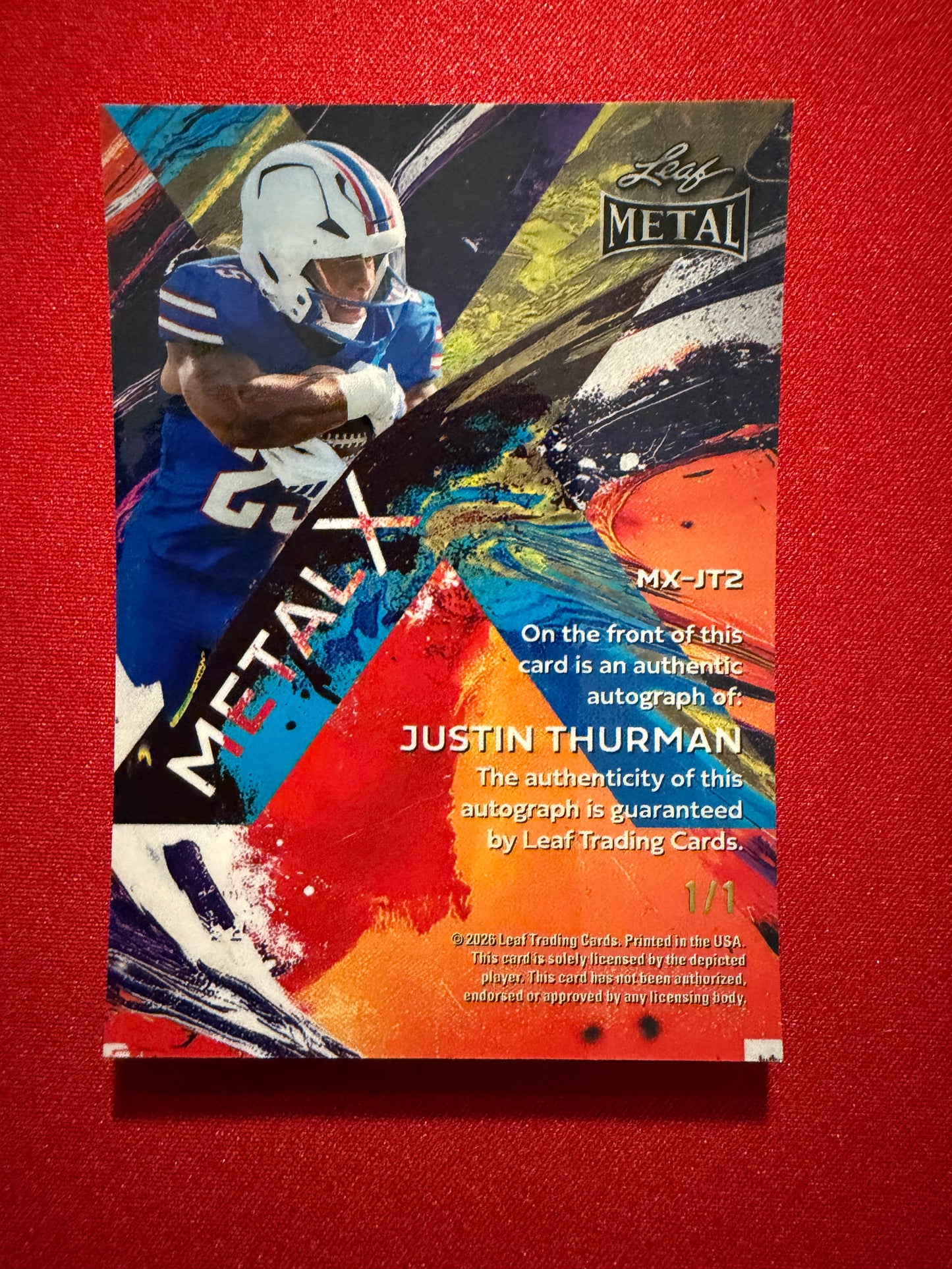 2026 Leaf Metal Football Justin Thurman Metal X Auto Pink Prismatic 1/1
