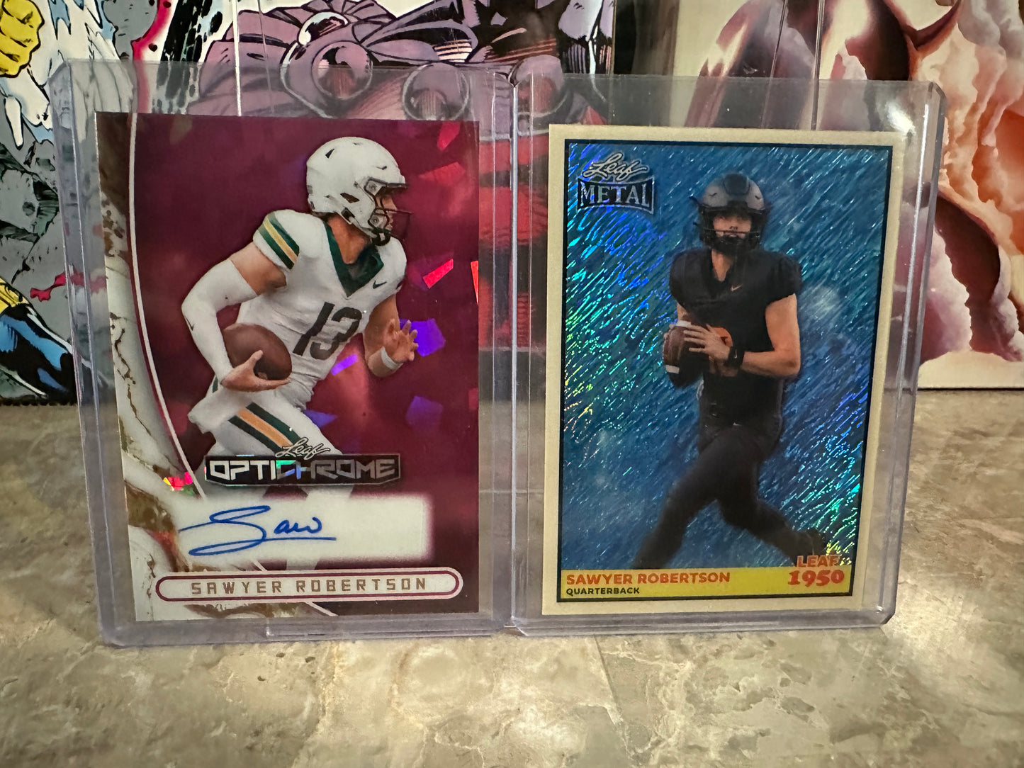 Sawyer Robertson Leaf Optichrome Pink Crystal AUTO /6 & Metal Shimmer /8 QB Lot