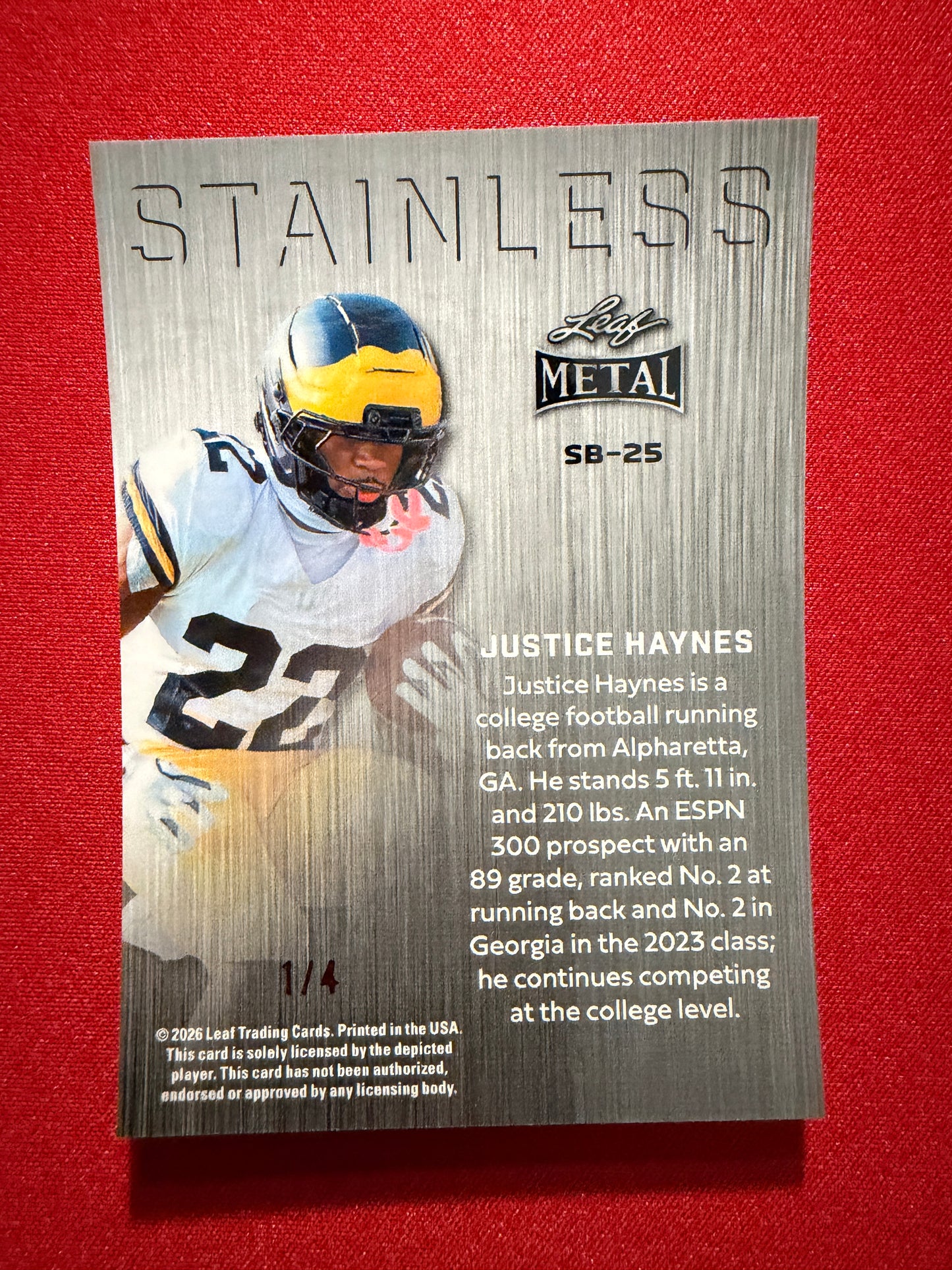 Justice Haynes 2026 Leaf Metal Football Stainless Red Shimmer 1/4