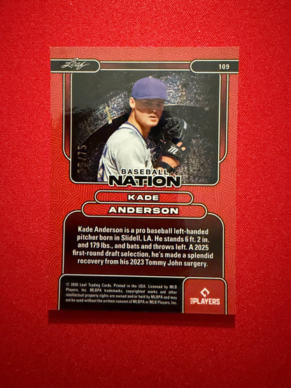 Kade Anderson 2026 Leaf Baseball Nation Base Silver