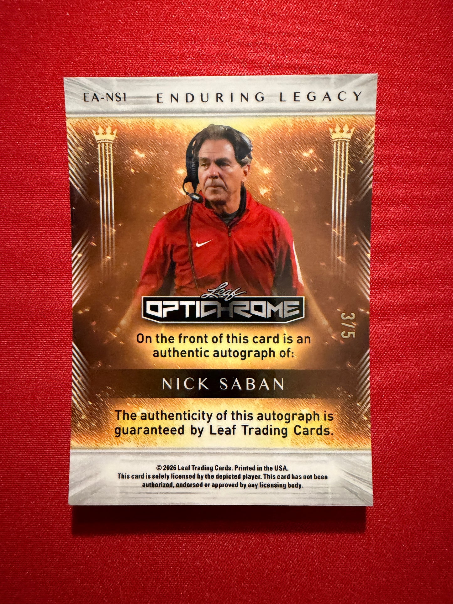 Nick Saban 2026 Leaf Optichrome Football Enduring Legacy Black Prismatic Auto /5