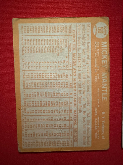 MICKEY MANTLE 2-Card Lot - 1964 Topps #50 & 1966 Topps #50 - Low Grade